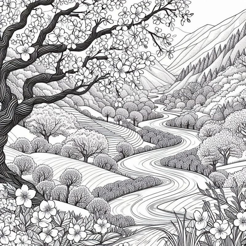 Desenho detalhado de paisagem natural com rio e montanhas para colorir