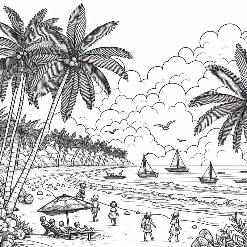 Desenho de paisagem praiana com palmeiras, pessoas e mar para colorir
