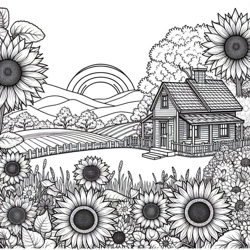 Desenho de paisagem bucólica com casa de madeira, girassóis e arco-íris para colorir