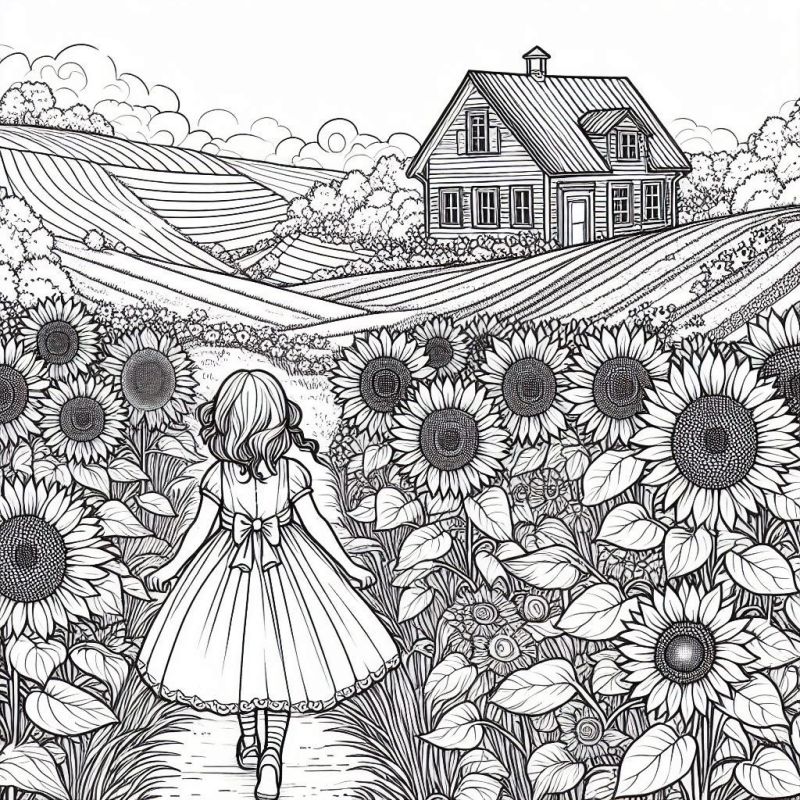 Menina caminhando em campo de girassóis para colorir