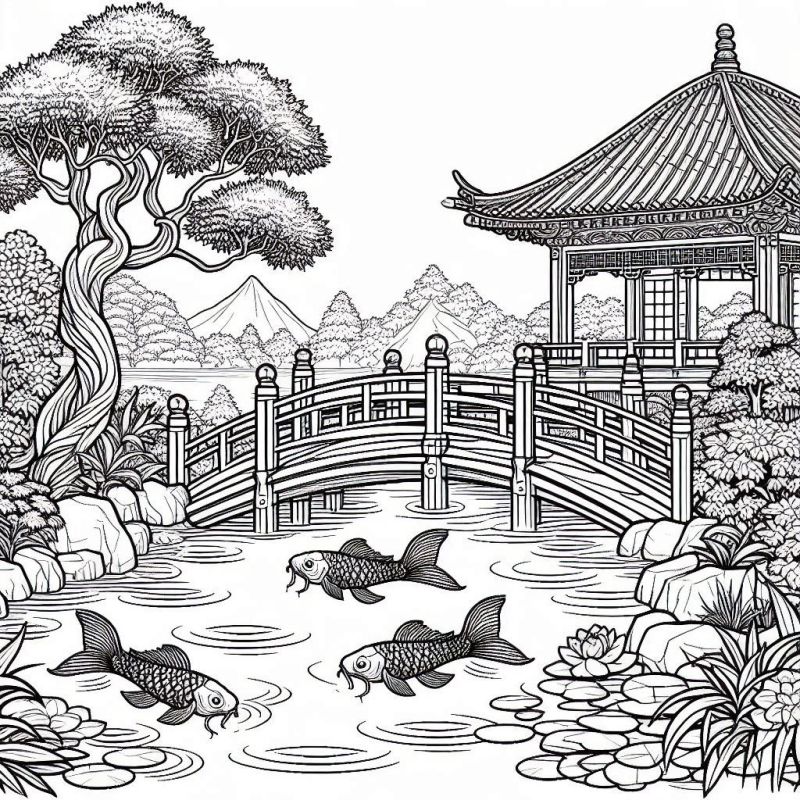Desenho de uma paisagem oriental com ponte arqueada de madeira, peixes koi no lago, pavilhão e árvores detalhadas