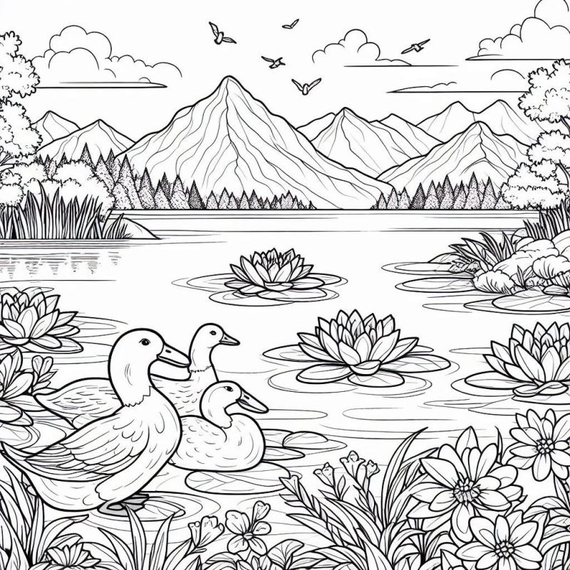 Desenho de paisagem serena e natural com lago, montanhas, patos e flores para colorir