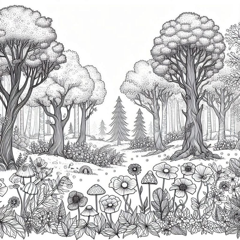 Paisagem natural detalhada com flores e cogumelos para colorir