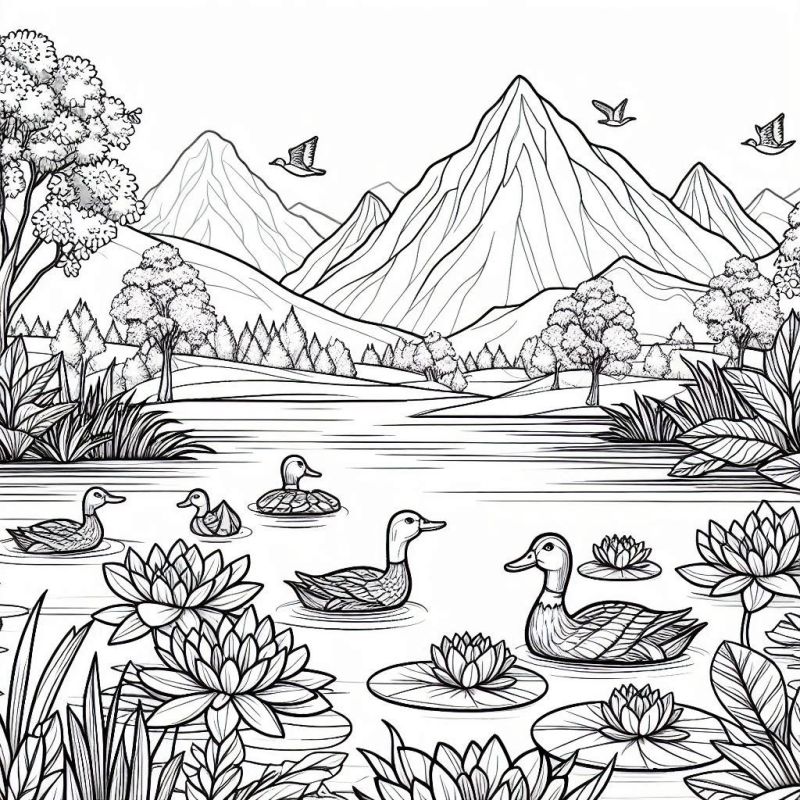 Desenho de uma paisagem com montanhas, patos e lago para colorir