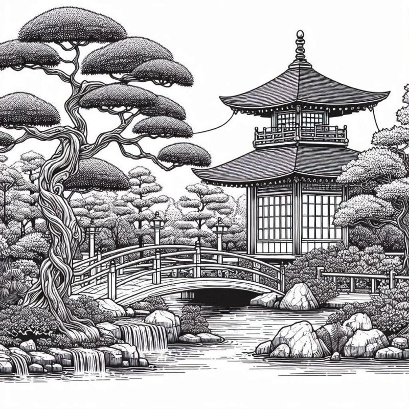 Desenho de paisagem oriental com pagode, ponte de madeira e riacho para colorir