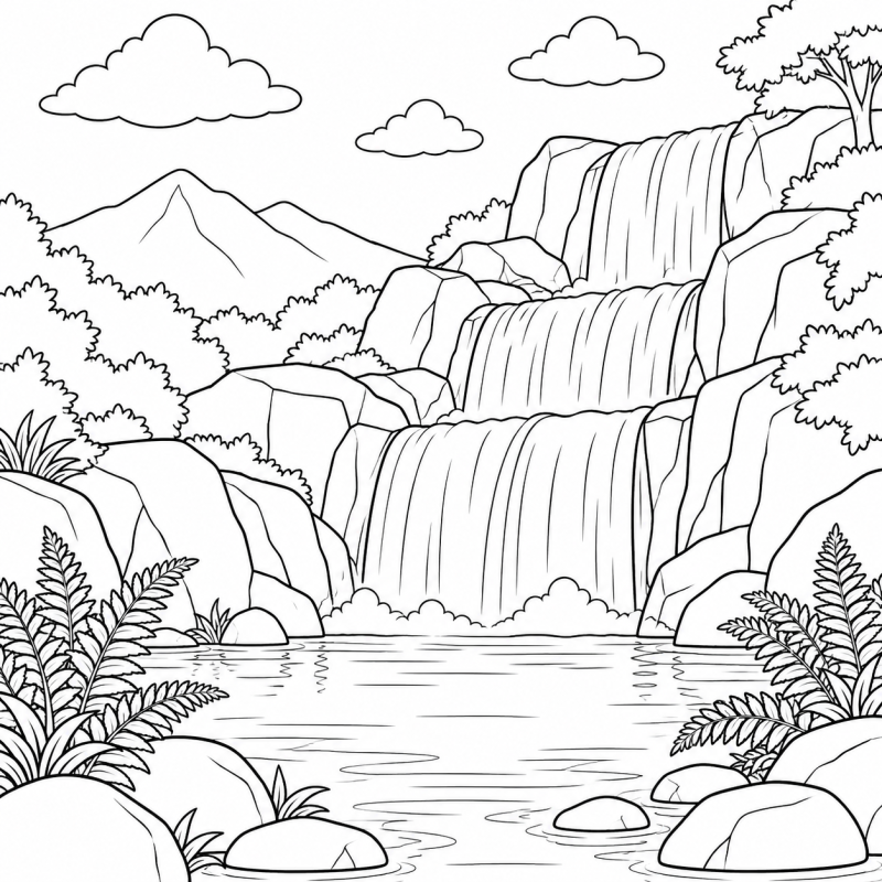 Cachoeira em três níveis entre rochas, samambaias e um lago na parte inferior.