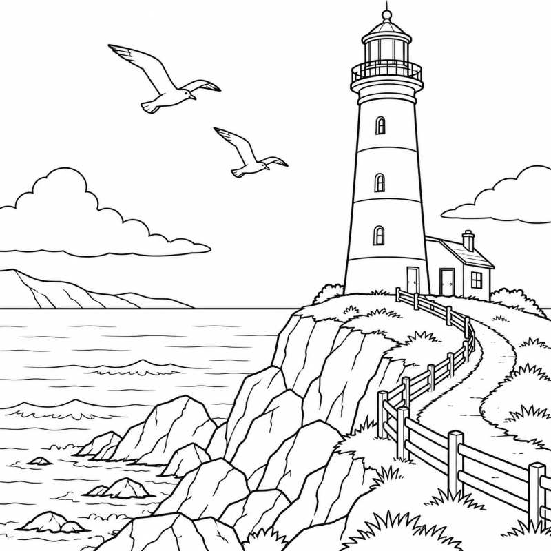 Farol sobre um penhasco rochoso, caminho cercado, mar e duas gaivotas em voo.