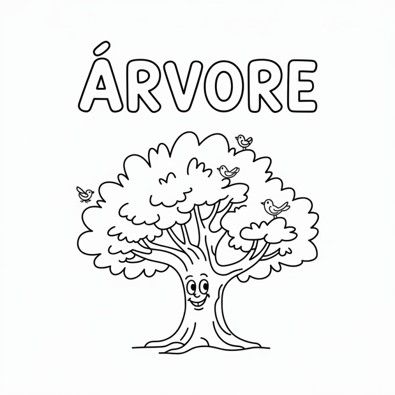Desenho de Árvore Alegre para Colorir com Passarinhos