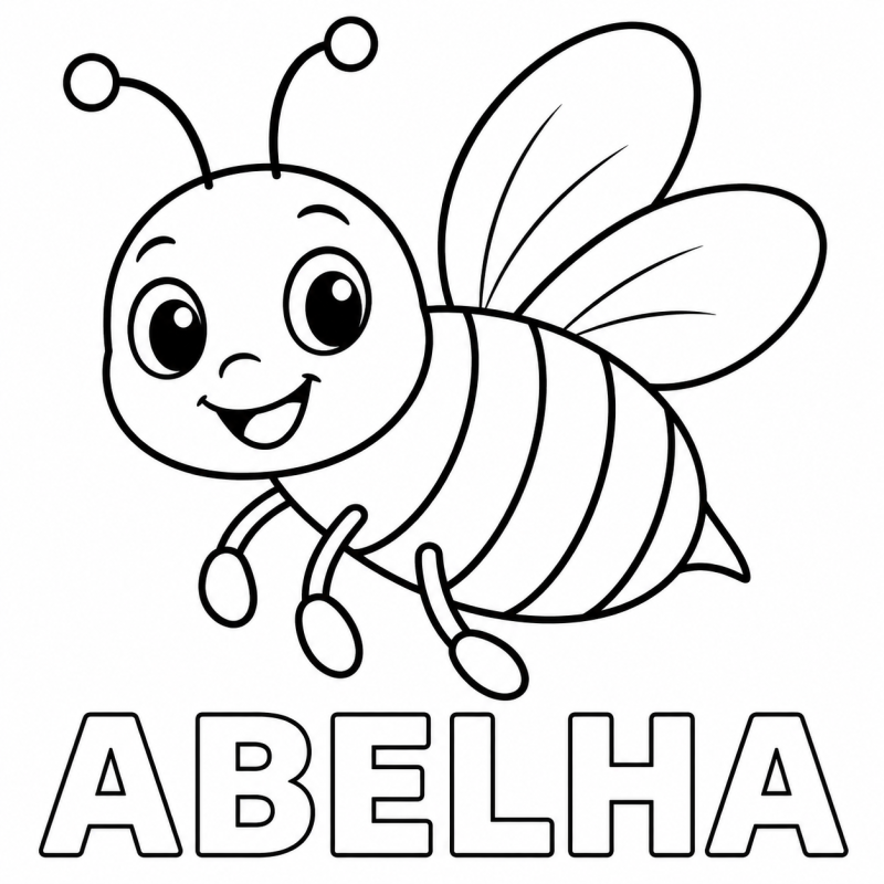 Uma abelha sorridente com antenas, asas e listras aparece acima da palavra ABELHA.