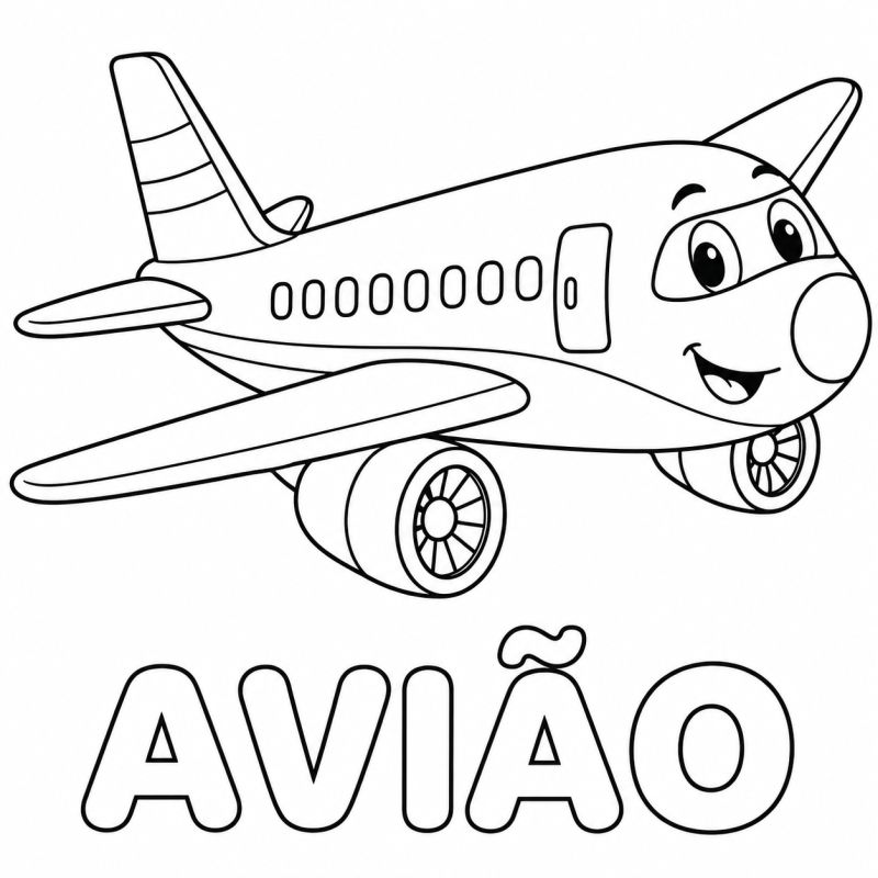 Um avião de passageiros com asas, janelas e motores aparece acima da palavra AVIÃO em letras grandes e vazadas.