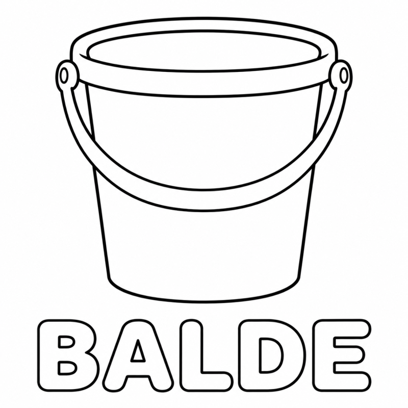 Um balde vazio com alça curva aparece acima da palavra BALDE em letras grandes e vazadas.