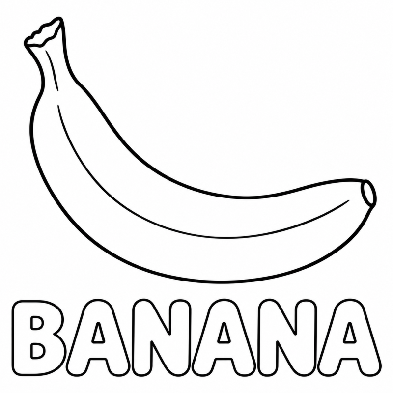 Uma banana curva inteira aparece acima da palavra BANANA em letras vazadas.