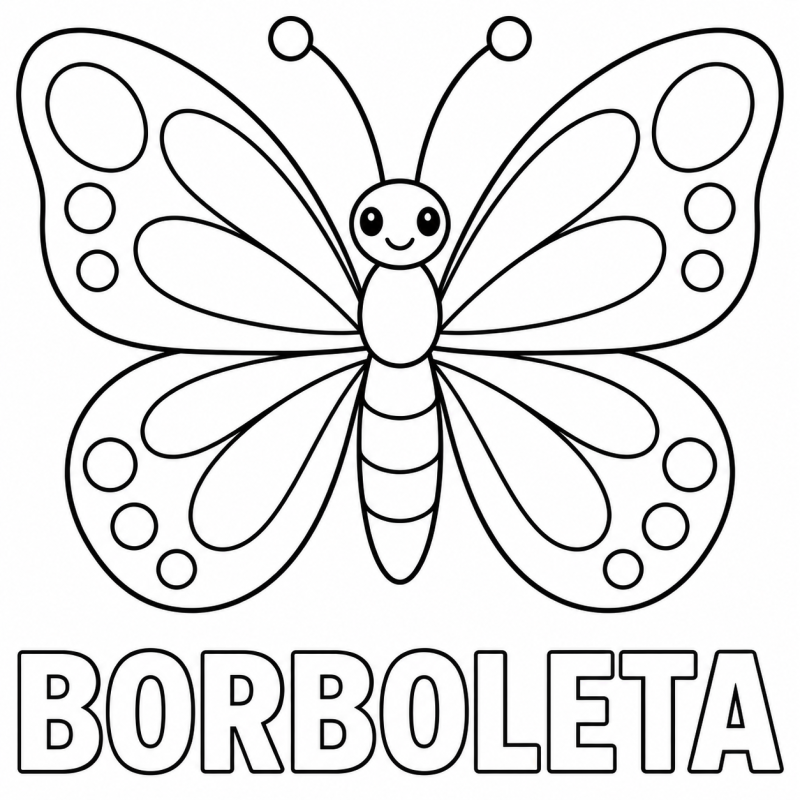 Uma borboleta simétrica com antenas e desenhos nas asas aparece acima da palavra BORBOLETA.