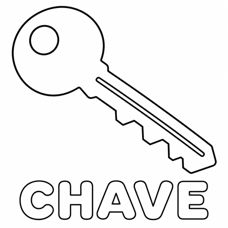 Uma chave de porta com argola redonda e dentes aparece acima da palavra CHAVE em letras grandes e vazadas.