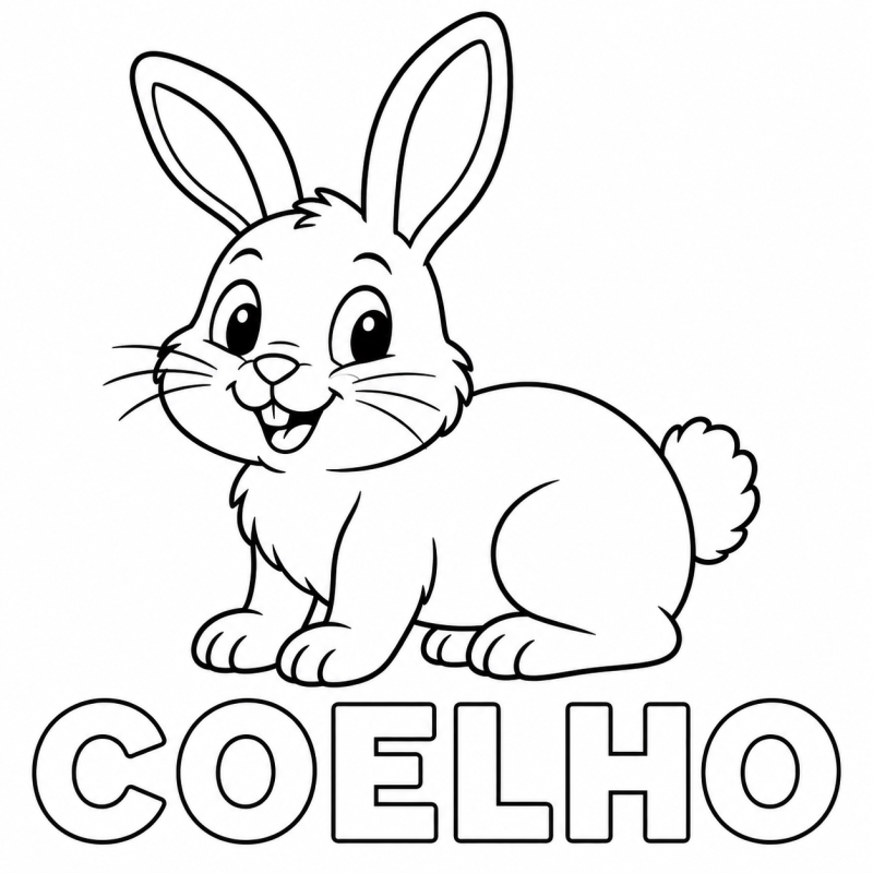 Um coelho sentado com orelhas compridas e cauda pequena aparece acima da palavra COELHO.