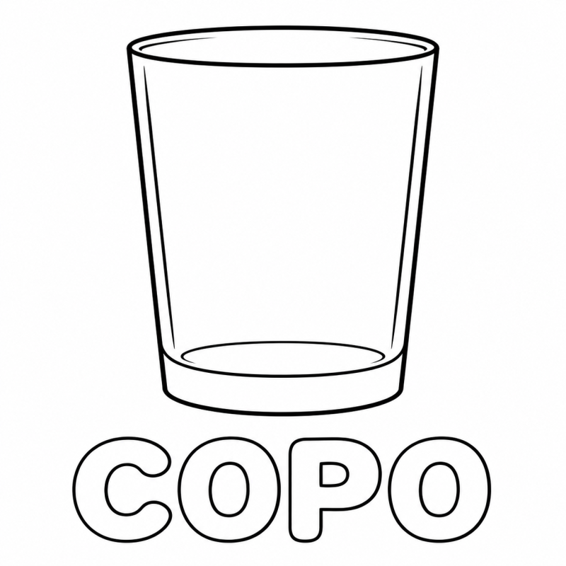 Um copo vazio visto de frente aparece acima da palavra COPO em letras grandes e vazadas.