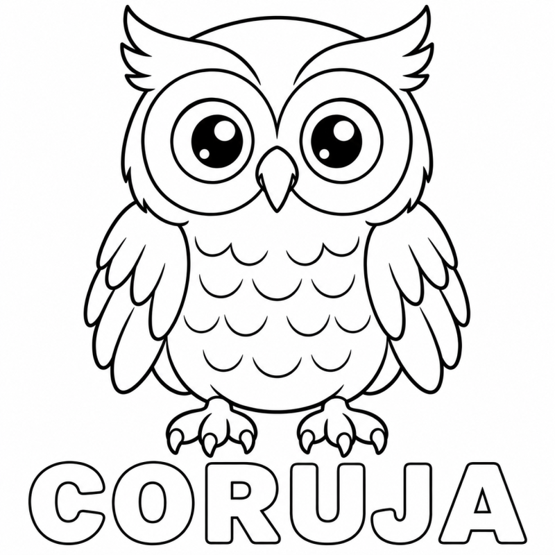Uma coruja de frente com olhos redondos, asas e garras aparece acima da palavra CORUJA.