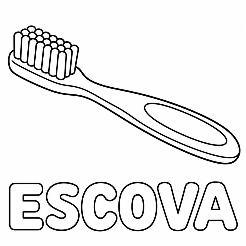 Uma escova de dentes com cabo comprido e cerdas aparece acima da palavra ESCOVA em letras grandes e vazadas.