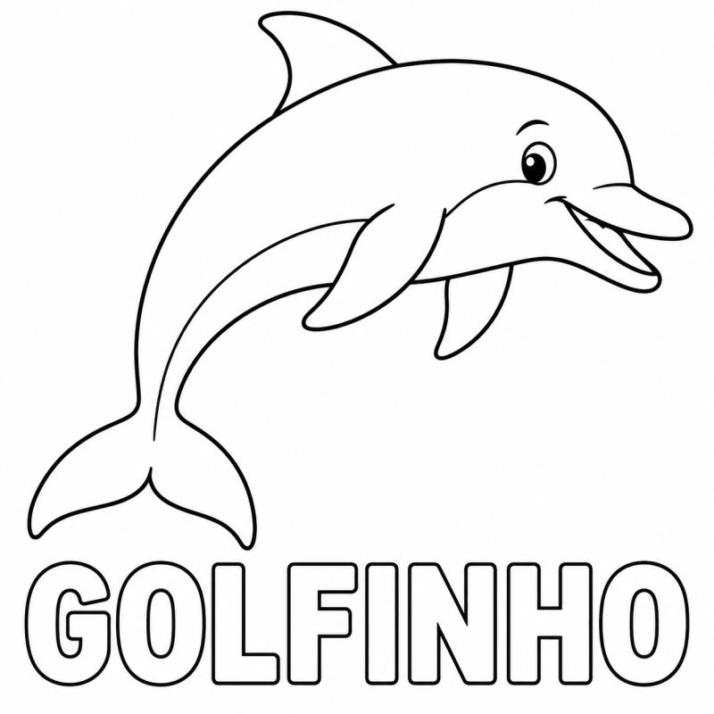 Um golfinho saltando com nadadeira dorsal e cauda aparece acima da palavra GOLFINHO.