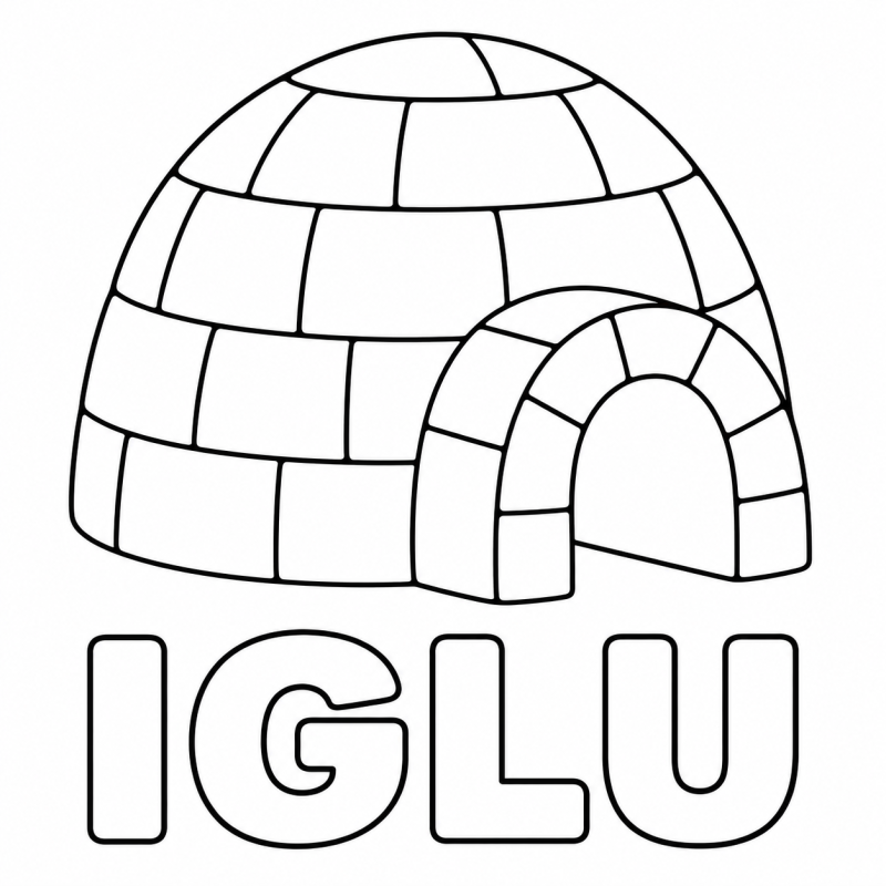 Iglu de blocos largos com entrada em arco acima da palavra IGLU vazada