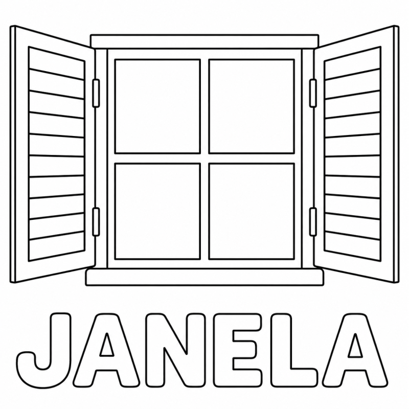Uma janela de quatro vidros com venezianas abertas aparece acima da palavra JANELA.