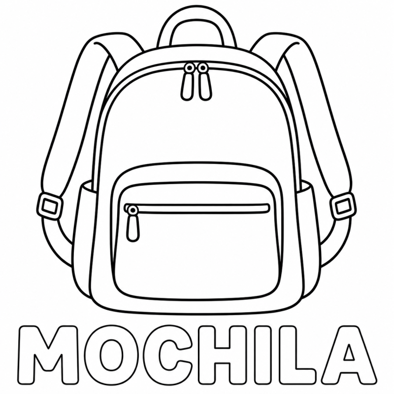Uma mochila escolar com alças, zíperes e bolso frontal aparece acima da palavra MOCHILA.