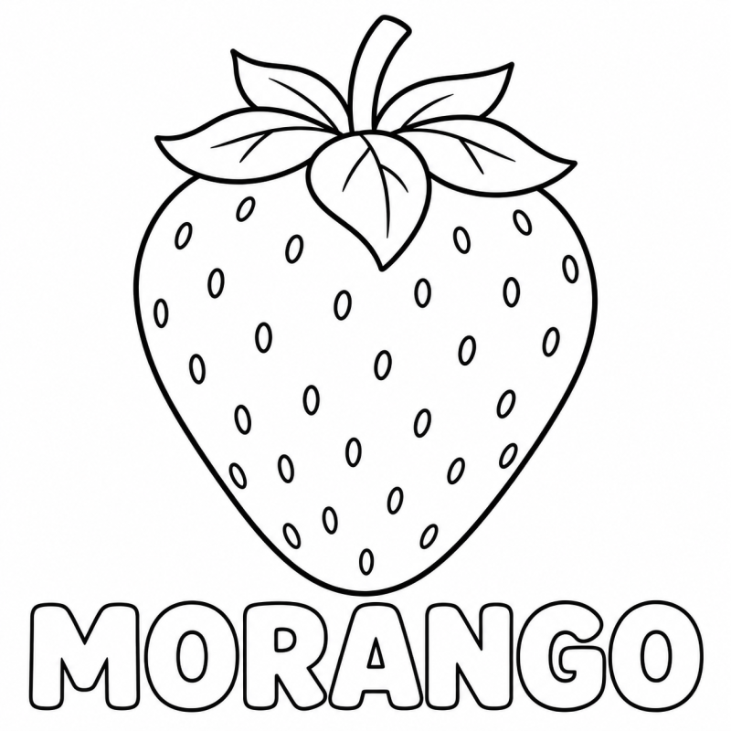 Um morango inteiro com folhas e sementes aparece acima da palavra MORANGO.