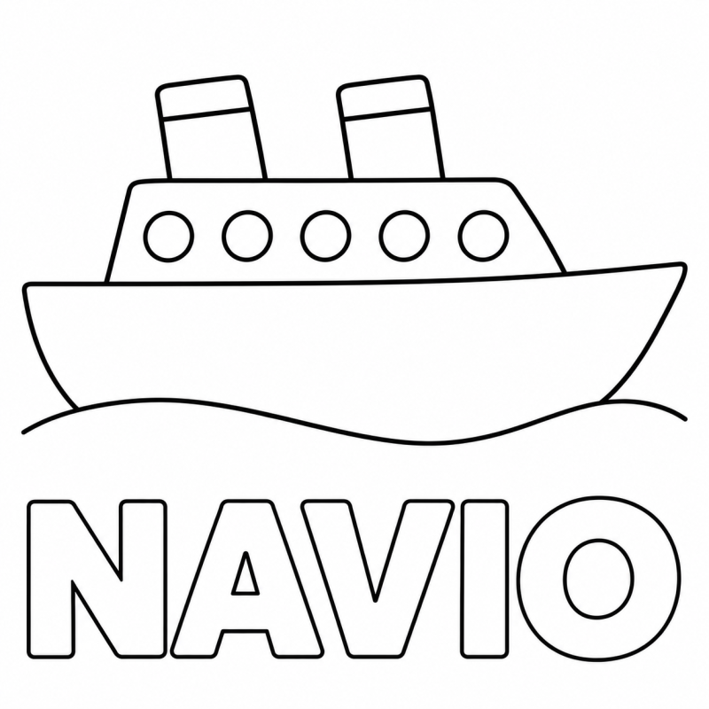 Navio de passageiros com janelas redondas sobre onda e palavra NAVIO vazada