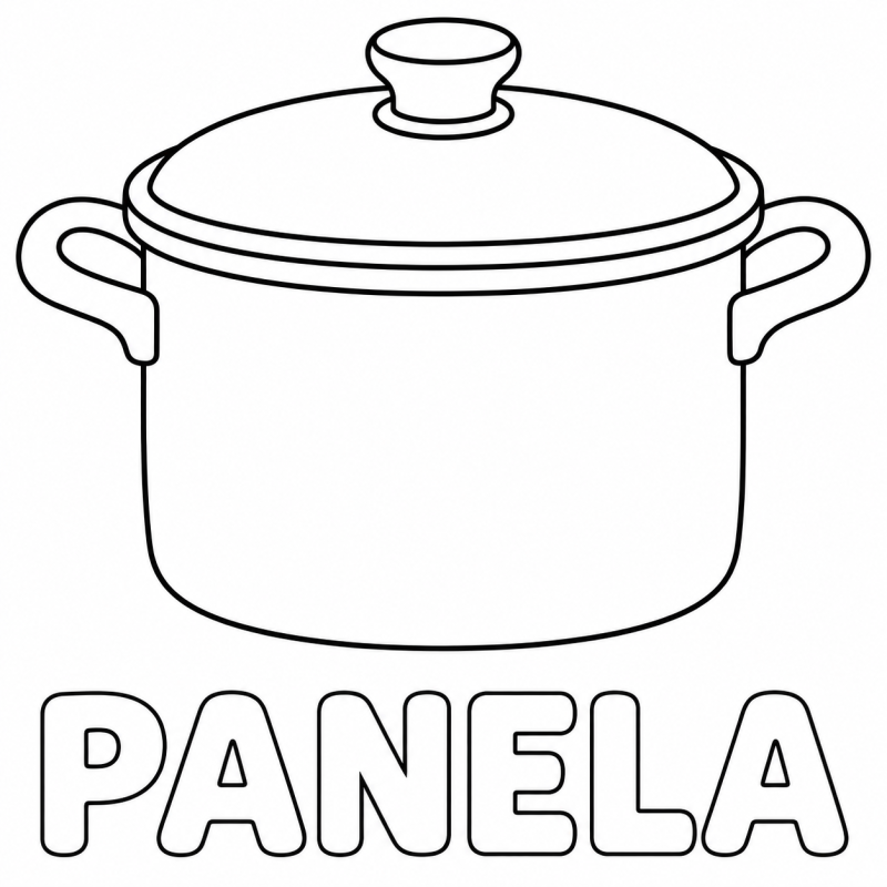 Uma panela com tampa e duas alças aparece acima da palavra PANELA em letras grandes e vazadas.
