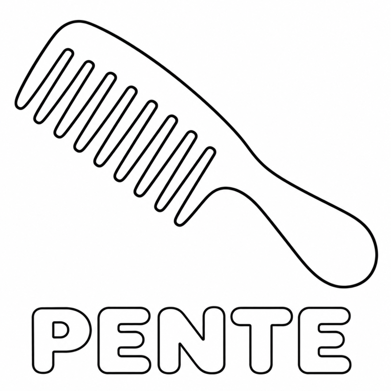 Um pente de cabo largo e dentes compridos aparece acima da palavra PENTE em letras grandes e vazadas.