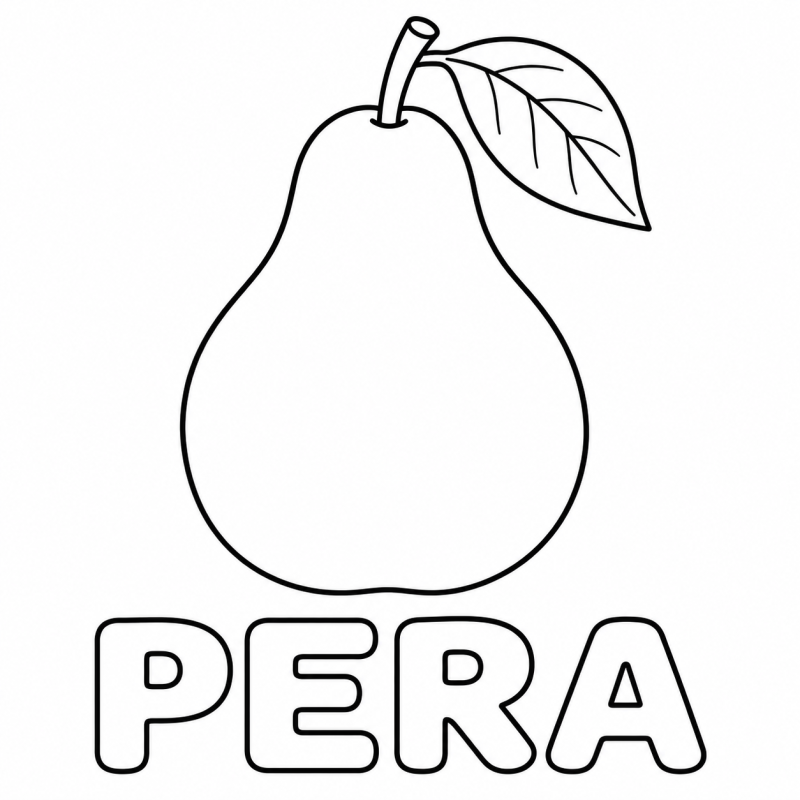 Uma pera inteira com cabo e folha aparece acima da palavra PERA.