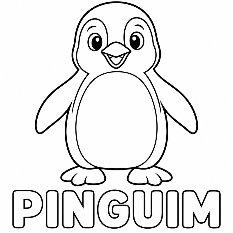 Um pinguim em pé com barriga arredondada, nadadeiras e pés aparece acima da palavra PINGUIM.