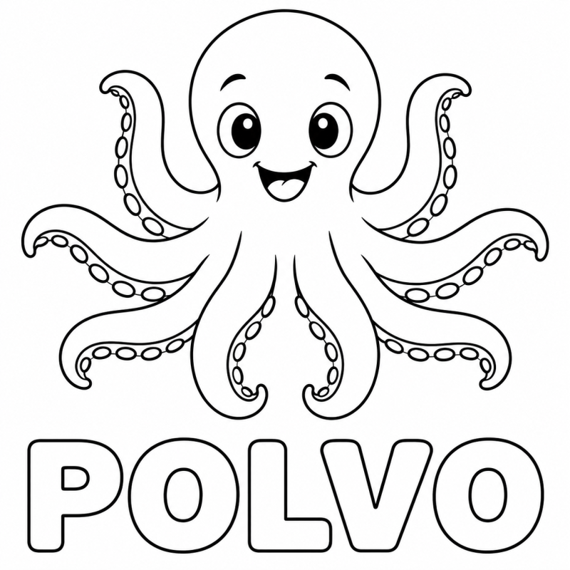 Polvo com oito tentáculos acima da palavra POLVO em letras vazadas