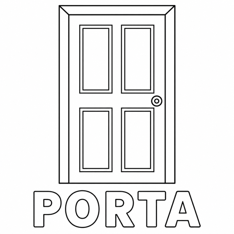 Uma porta fechada com painéis e maçaneta redonda aparece acima da palavra PORTA.