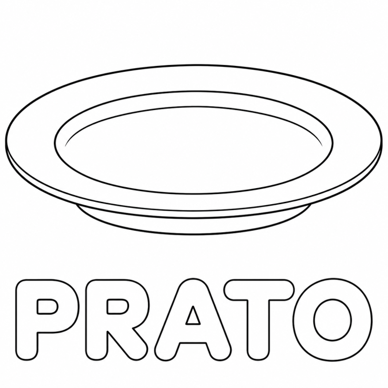 Um prato redondo com borda larga aparece acima da palavra PRATO em letras grandes e vazadas.