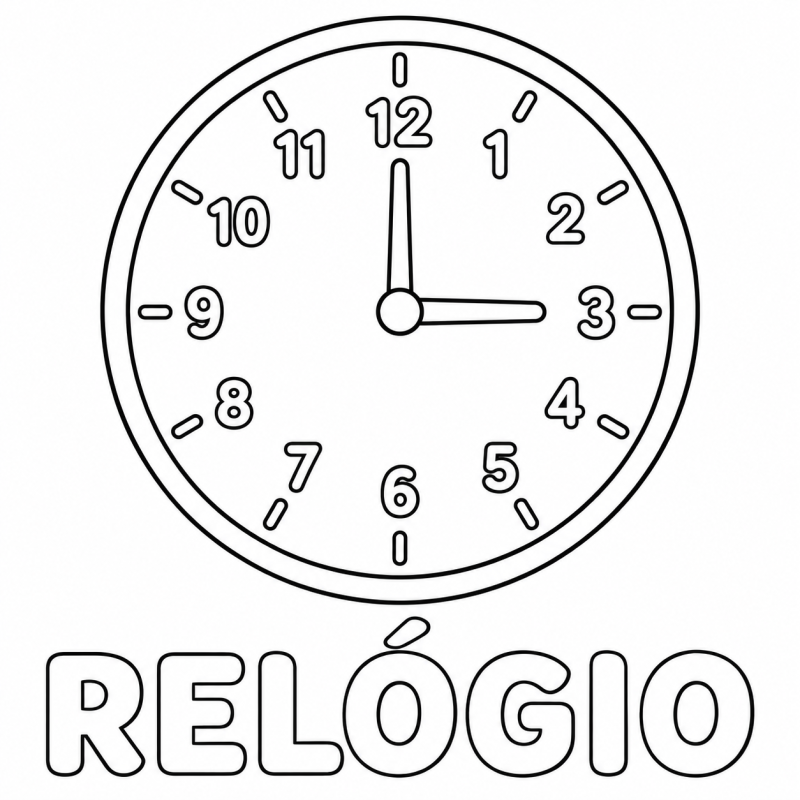 Um relógio redondo marcando três horas aparece acima da palavra RELÓGIO em letras grandes e vazadas.