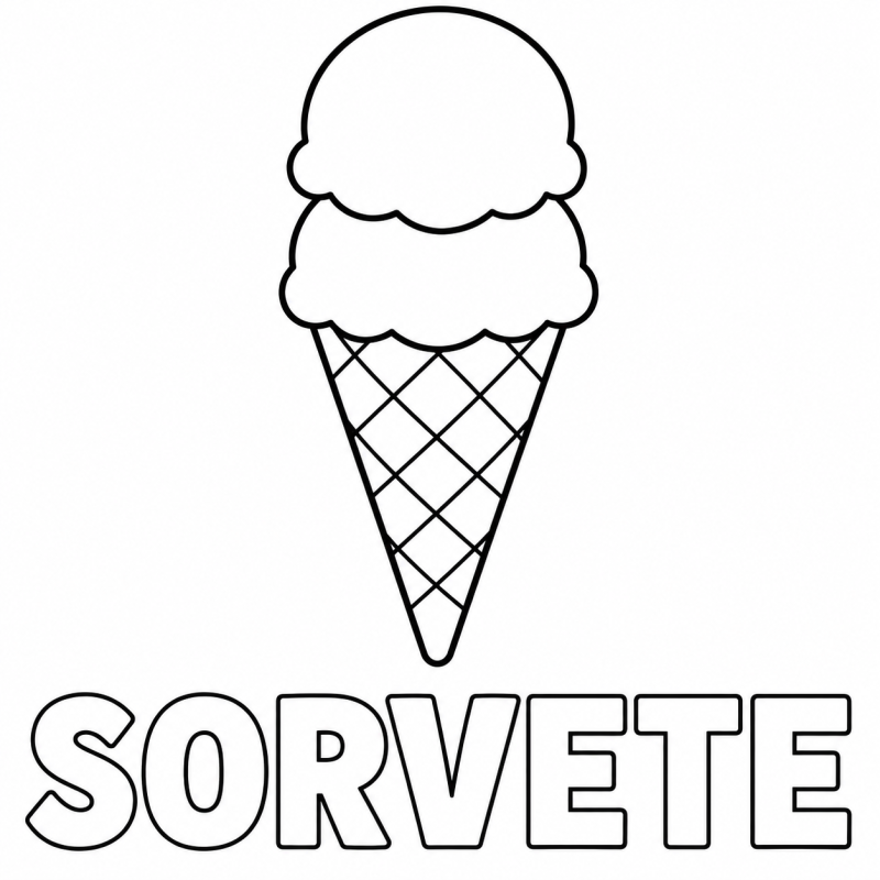 Sorvete de duas bolas na casquinha acima da palavra SORVETE vazada