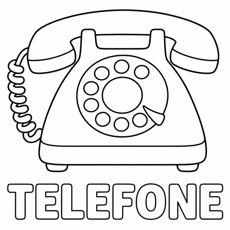 Um telefone de mesa com fone e disco aparece acima da palavra TELEFONE.