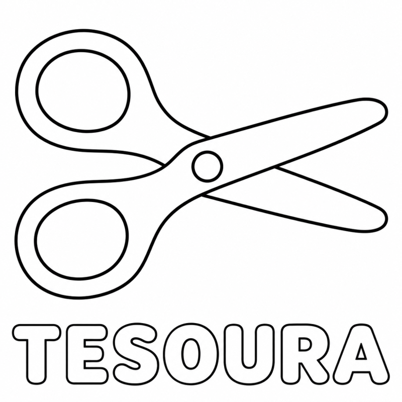 Uma tesoura de pontas arredondadas com duas argolas aparece acima da palavra TESOURA em letras grandes e vazadas.