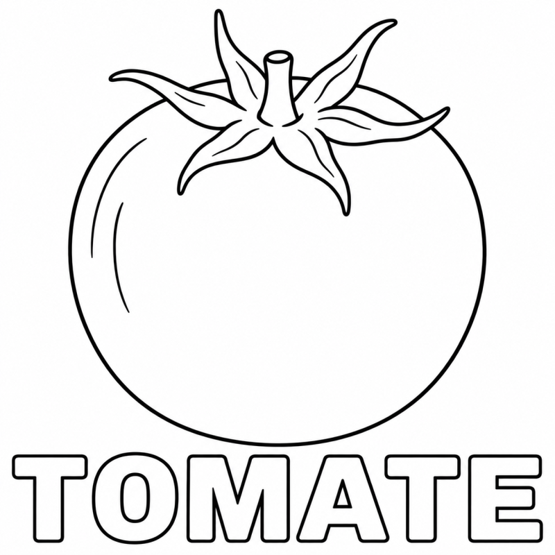 Um tomate inteiro com folhas no topo aparece acima da palavra TOMATE.
