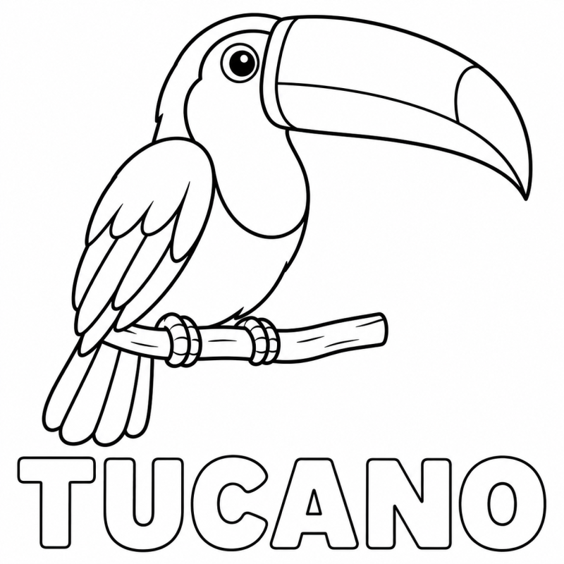 Um tucano pousado em um galho com bico grande aparece acima da palavra TUCANO.
