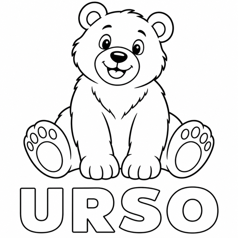 Um urso sentado com orelhas redondas e patas grandes aparece acima da palavra URSO.