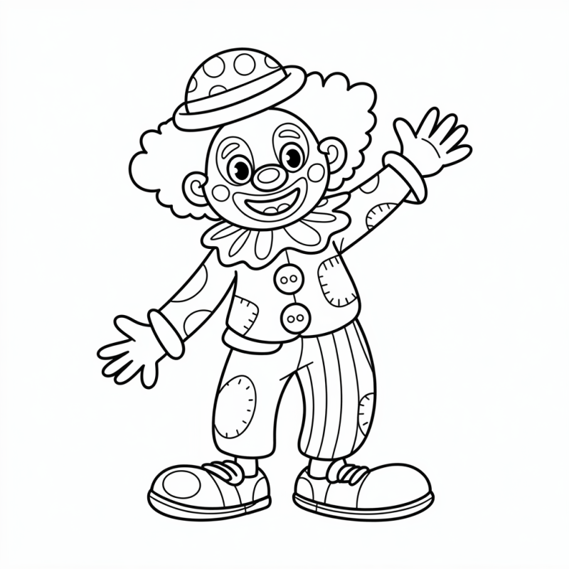 Desenho em preto e branco de um palhaço sorridente com detalhes ricos para colorir