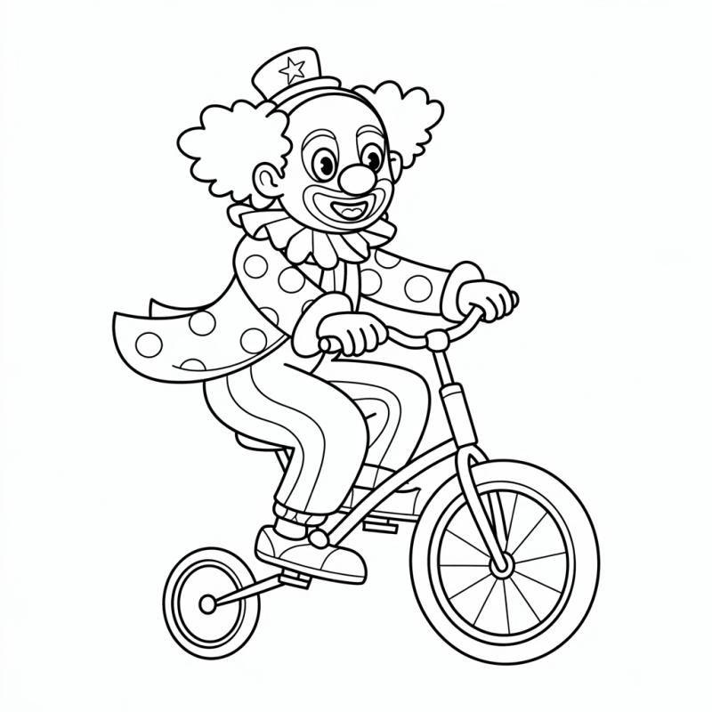 Palhaço alegre andando de triciclo para colorir