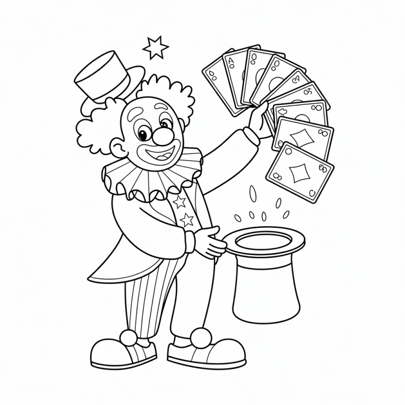 Palhaço alegre com cartas e cartola mágica para colorir