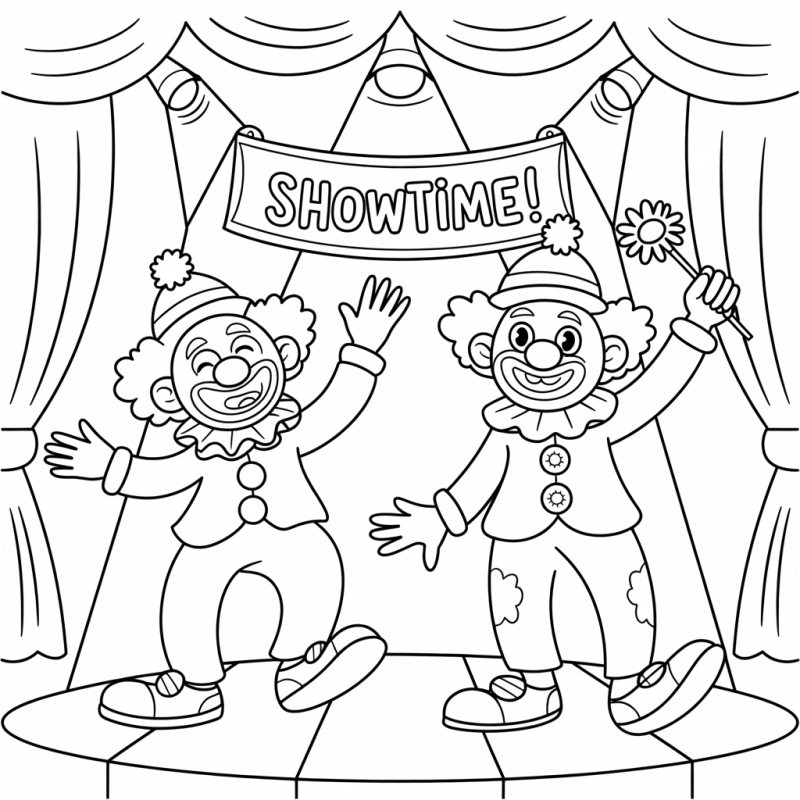 Desenho de palhaços sorridentes no palco do circo prontos para colorir