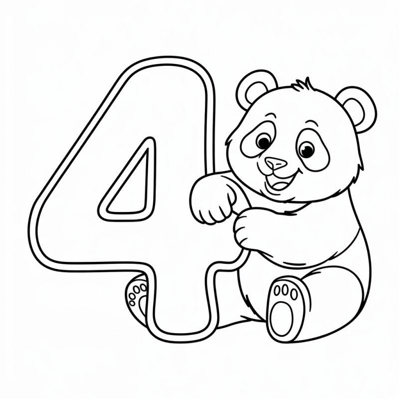 Desenho de um panda caricato abraçando o número 4 para colorir, ideal para crianças