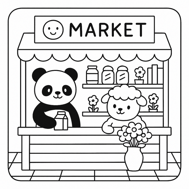 Desenho para colorir de um panda e ovelha em um mercado Boobie Goods.