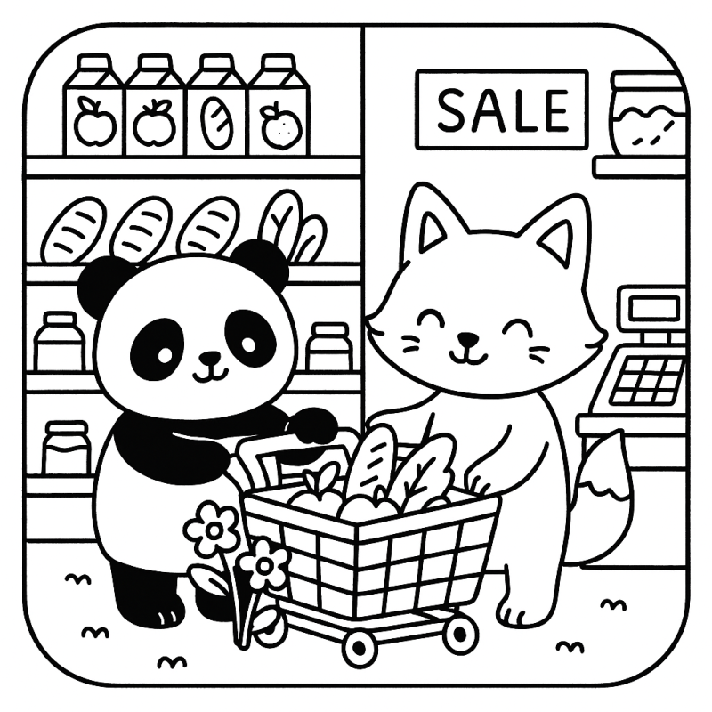 Desenho de Panda e Raposa no Supermercado para Colorir