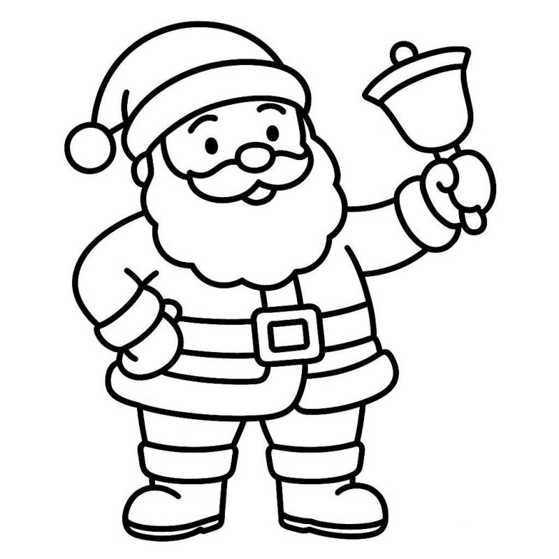 Desenho simplificado de Papai Noel segurando um sino, perfeito para colorir